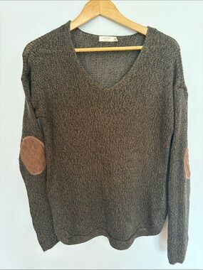 Harper Olive Knit V-Neck Sweater with Tan Elbow Patches